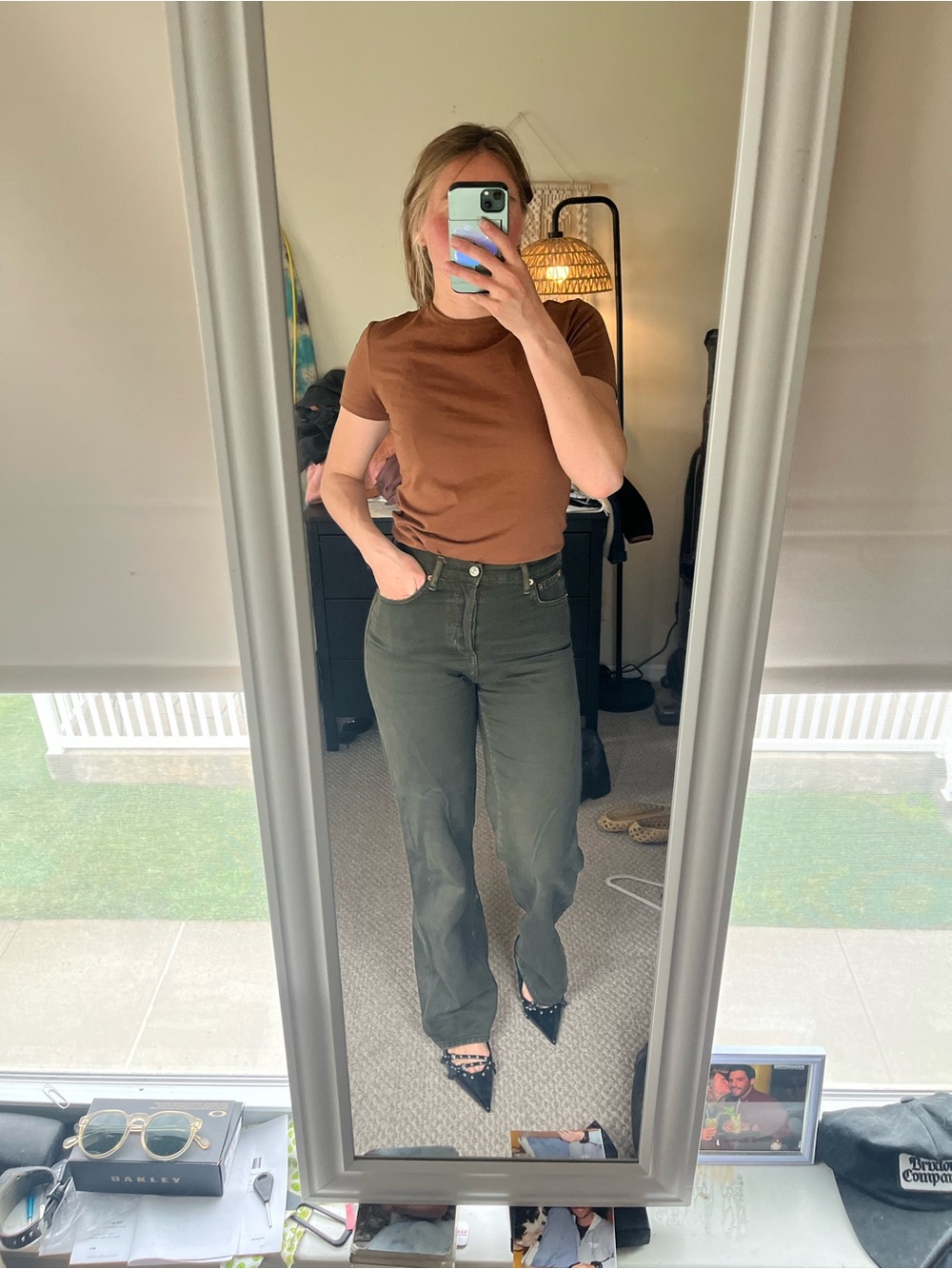 Mango High-Rise Wide Leg Jeans in Olive